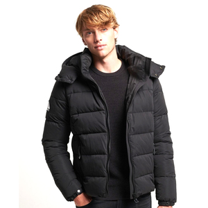 Men's Black Hooded <b>Padded</b> Jacket Full Sleeve Slim Fit Winter Wear Zipper Closure Printed Custom Team Name Polyester Material - Product Image 3