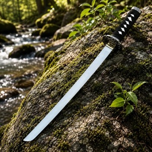 ดาบคาตานะสแตนเลสพร้อมด้ามหนังสีดำและใบดาบตรง - Product Image 3
