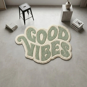Alfombra de Lana Hecha a Mano con Tipografía Premium Good Vibes, Antideslizante, Color Verde Salvia, Diseño Moderno, Suave, para Decoración de Sala de Estar y Dormitorio - Product Image 1