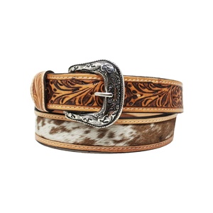 Cinturón de Cuero Genuino con Hebilla de Aleación Estilo Western Premium, Patrón de Piel de Vaca con Pelo, Hecho a Mano, Estilo Vaquero Vintage, Duradero - Product Image 1