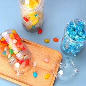 PET Food Storage <b>Jar</b> for Snack 200ml/300ml/380ml 10.000 pcs New Sample Square <b>Plastic</b> Candy <b>Jar</b> with Bear Lid Transparent - Product Image 5