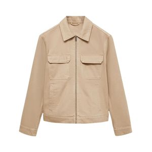 Chaquetas de mezclilla premium para hombre con cremallera y bolsillos, chaquetas de mezclilla de algodón de sarga caqui de manga larga con logotipo personalizado - Product Image 3