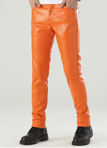 Spezia International Men's Orange PU Coated Straight Fit Casual <b>Trousers</b> <b>Elastic</b> <b>Waist</b> Heavyweight Woven Fabric Winter Style - Product Image 4