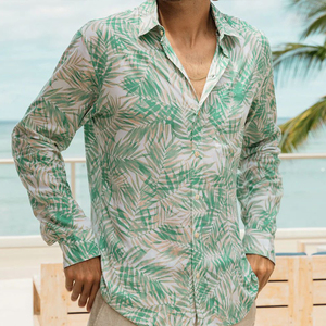Camisa informal de manga larga con estampado de palmeras tropicales para hombre, cuello vuelto, camisa de popelina tejida con botones para verano - Product Image 4