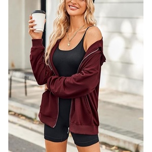 Nouveau design – Sweat à capuche zippé décontracté pour femme, 100 % coton, manches longues, col rond, épaules tombantes, couleur unie, confortable – Meilleur prix - Product Image 2
