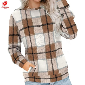 Sweat-shirt en molleton à carreaux pour femme, à manches longues, col rond, tricoté, décontracté, pour l'automne - Product Image 3