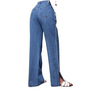 กางเกงยีนส์เดนิมทรงขากว้างประดับมุกสไตล์วินเทจรักษ์โลกสำหรับผู้หญิง เอวกลาง ทรงตรง ผ้าฝ้าย ทรงปกติ - Product Image 2