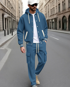 Men's Hooded Sweatshirt Set Blue Solid Color French Terry Casual Two-Piece Jogger Pants With Pockets Autumn Wear Set Winter - Product Image 1