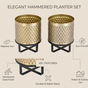 Macetero de suelo de hierro martillado de lujo con acabado dorado, maceta redonda de metal |   Decoración para el Hogar y Jardín de Estilo Rústico, Ecológica y Duradera, Venta al por Mayor - Product Image 5