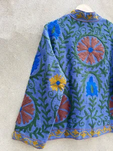 <b>Women</b> Uzbek Suzani Style Cotton <b>Jacket</b> Blue Floral Embroidery Traditional Stand Collar Bohemian Outerwear - Product Image 5