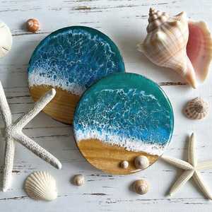 Handmade <b>Epoxy</b> Resin Ocean Wave Coaster Set Round Drink Mat <b>Coffee</b> Tea <b>Table</b> Pad - Product Image 1