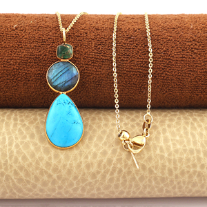 Fashion Jewelry Labradorite Turquoise Emerald Copper Turquoise Bezel Set Pendant 18k Gold Plated Triple Gemstone Chain Necklace - Product Image 2