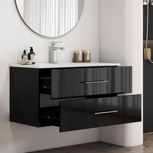 36-Inch Black Gloss Wall-Mounted <b>Bathroom</b> <b>Vanity</b> with Double Drawers and Ceramic Sink Long Gold Metal Handle Easy Installation - Product Image 3