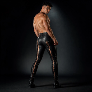 Pantalon formel taille haute en cuir véritable, coupe skinny, longueur intégrale, avec lacets, surpiqûres contrastées, extensible dans quatre directions, jambe droite, hiver - Product Image 5