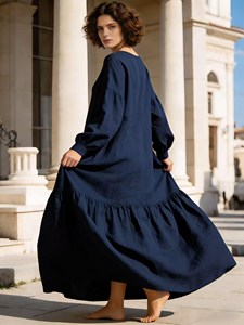 Women <b>Boho</b> Plain Maxi <b>Dress</b> <b>Long</b> Sleeve Cotton Linen Loose Fit Round Neck Flowy Casual Holiday <b>Dress</b> - Product Image 3