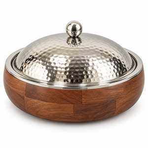 Casserole ronde en bois avec couvercle élégant en acier inoxydable, idéale pour le stockage des aliments - Product Image 1