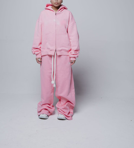 Men's Pink Hooded Sweatshirt <b>Set</b> Casual Oversized Two-Piece Tracksuit Solid Color French Terry Autumn Wear - Product Image 1