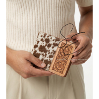 Dompet Kulit Asli Pria Ukiran Tangan, Dompet Lipat Kulit Berbulu Buatan Tangan Gaya Barat, Dompet Koboi Vintage Berukir