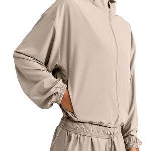 Beige <b>Womens</b> Polyester Windbreaker <b>Jacket</b> Custom Logo Letter Print Full Zip High Neck <b>Lightweight</b> Outdoor Streetwear OEM Apparel - Product Image 6