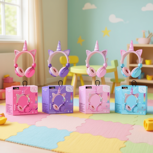 Auriculares Bluetooth Unicornio para niños con orejas de gato, colores rosa, morado y azul AH808 - Product Image 2