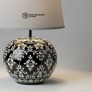 Luxury <b>Black</b> Bone Inlay <b>Table</b> Lantern with Floral Pattern Handcrafted Decorative <b>Bedside</b> Lamp with Fabric Shade for Home - Product Image 2