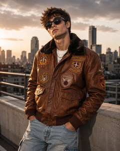 Men's Motorcycle Leather <b>Jackets</b> Custom <b>Pilot</b> Bomber Vintage Winter Fashion Outerwear Genuine Turn-down Collar Tanned - Product Image 1