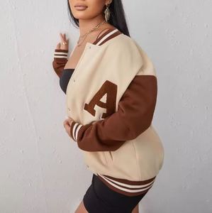 Chaqueta Varsity Color Crema Marrón con Letra A, Estilo Preppy, Logotipo Bordado en la Parte Delantera, Cuello Camisero, Corte Regular, Unisex, para Otoño - Product Image 5