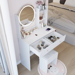 Tavolo da Trucco con Specchio LED da 17 Pollici, Sgabello Imbottito, 2 Prese AC+2 USB, Grande Specchio con Interruttore Touch, 3 Colori, Vanity per il Trucco - Product Image 6