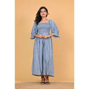 Robe longue d'été pour femmes, fabriquée à la main en Inde, 100% coton, écologique, à carreaux, style bohème, à volants, manches longues - Product Image 1