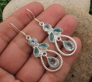 Natural <b>Blue</b> <b>Topaz</b> Solid 925 Sterling Silver Handmade Silver Plated Luxury Vintage Drop <b>Earrings</b> Wedding Anniversary Gift Party - Product Image 4