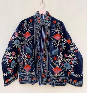 Blazer court matelassé en velours floral fait main pour femme, col mandarin, manches longues, veste de mode saisonnière en coton - Product Image 6