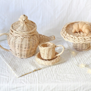 Handwoven Kids Toy Rattan Cake Stand with Pedestal Base Wicker Display Platter for Kids <b>Play</b> Pretend Dollhouse Wholesale - Product Image 3