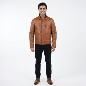 Hot Selling <b>Men's</b> Cow Skin <b>Leather</b> <b>Jacket</b> Vintage Casual Motorcycle Style with Zipper Stand Collar Autumn <b>jacket</b> for <b>men</b> - Product Image 1