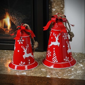 <b>Red</b> Metal Christmas Bell <b>Ornament</b> with Reindeer and Snowflake Design Hanging Decor Traditional Style - Product Image 3