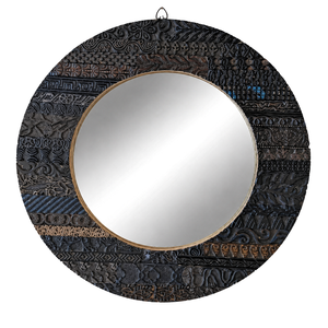 Espejo de Pared Redondo de Madera Tallado a Mano |   Espejo Decorativo Rústico Estilo Granja |   Decoración de Pared Estilo Boho Vintage para Sala de Estar | - Product Image 1