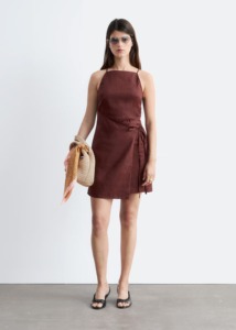 Womens <b>Linen</b> Blend Wrap Mini <b>Dress</b> Sleeveless Mandarin Collar Side Tie Simple Plain Dyed <b>Summer</b> Casual Wholesale - Product Image 6