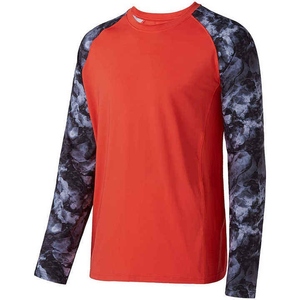 Chemise de pêche à manches longues pour homme, rouge avec manches tie-dye grises, séchage rapide, protection UPF 50, pull-over - Product Image 1