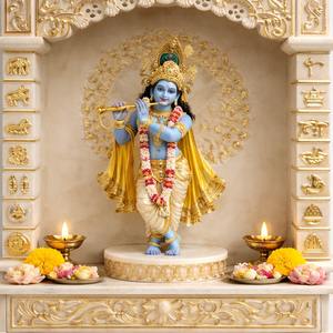 Templo Rectangular Tradicional Tallado en Mármol Blanco y Dorado de 4.5 pies, Mandir Pooja Tallado a Mano, Lujoso para el Hogar - Product Image 3