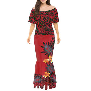 Vestido Largo Amarillo <span class=keywords><strong>con</strong></span> Estampado Tribal Polinesio, Manga Larga, Cola de Pez, Volantes en los Hombros, Diseño de Flores Tapa, Ropa Personalizada - Product Image 2