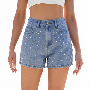 Women High Waist Black Denim Shorts With Rhinestone Rivet <b>Decoration</b> Casual <b>Summer</b> Style - Product Image 3