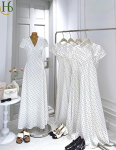 <b>White</b> Polka Dot V-Neck Casual Woven Maxi Dress Vietnam <b>Wrap</b> Front A-Line Party Dress Soft Chiffon Fabric High Waist Short Sleeve - Product Image 5