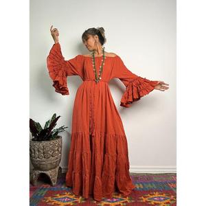 Bohemian for Orange V-neck Maxi Dress Dramatic Tiered Flare <b>Bell</b> Sleeve Waist Tie Ruffled Hem Eco-Friendly Organic Cotton - Product Image 1