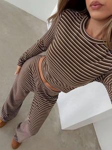 Women's Striped <b>Knitted</b> 2 Piece <b>Set</b> Long Sleeve O-Neck Top High Waist Full Length Pants Breathable Casual Spring Summer Wear - Product Image 3