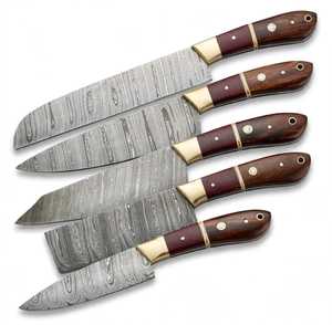 Juego de 5 utensilios de cocina de acero de Damasco hechos a mano con mango de palisandro natural y bolster de latón - Product Image 4