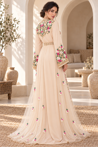 Caftán Marroquí Color Beige Champán con Superposición de Tul Transparente y Cinturón de Terciopelo Color Ciruela, Transpirable y Elegante para Fiestas - Product Image 2