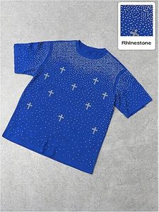 T-shirt bleu entièrement orné de strass pour homme, personnalisé avec des cristaux argentés, streetwear, fabricant OEM - Product Image 3