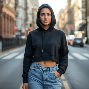 เสื้อฮู้ดครอปท็อปสำหรับผู้หญิง ผ้าโพลีเอสเตอร์/ไนลอน ขนฟลีซ ทรงยาว สไตล์ลำลอง สตรีทแวร์ แจ็คเก็ตมีฮู้ด ลายดิจิทัล - Product Image 4