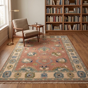 Tapis Oushak noué à la main, motif floral vintage rose, tapis traditionnel turc, laine faite à la main - Product Image 4