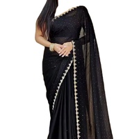 Nouveau Lancement Sari en Mousseline Georgette avec Magnifiques Broderies en Pierres à la Bordure et Travail de Découpe pour Femmes