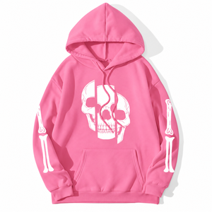 Sudadera con capucha de forro polar rosa de alto gramaje personalizada para hombre y mujer, con estampado gráfico de calavera empalmado, estilo oversize, streetwear, con diseño de esqueleto - Product Image 1